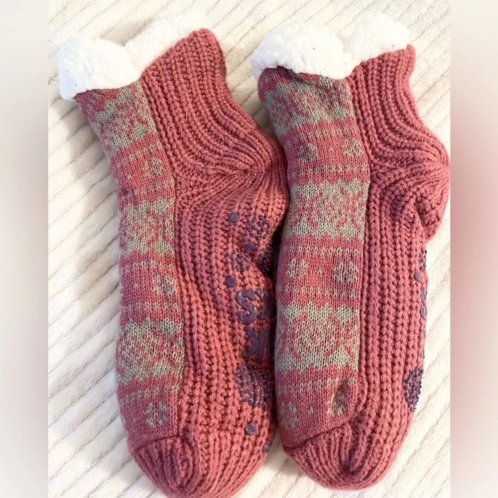 Cozy Pink and Tan Knit Socks with Floral Pattern
